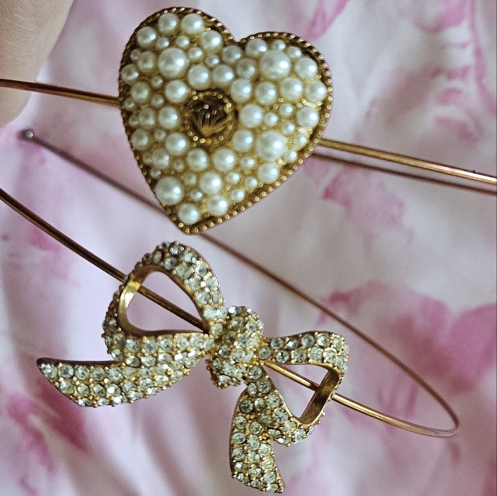 Jesus Diamante Gyaru Gold Heart And Bow Pearl And Rhinestone Headband Set - Picture 8 of 10